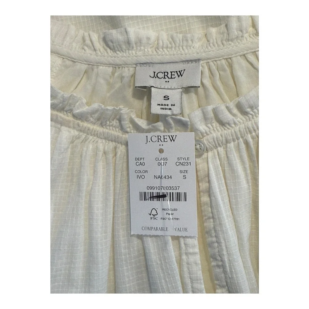 J Crew Ivory Smocked Puff-sleeve Split-neck Top Women's Size‎ Small NWT